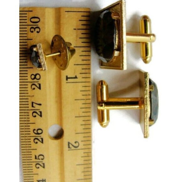 Black Faceted Cuff Link Set Dante Gold Tone Cufflinks & Tie Tack Tux Shirt Vtg - Picture 6 of 11